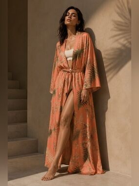 MISA Los Angeles Amaya Robe / Kimono Duster – Summer Fern L  Luxury Resortwear